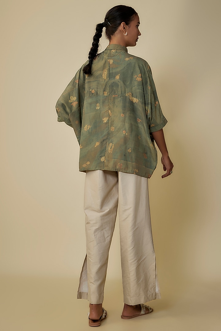 Leaf Green Cotton Silk Blend Screen Printed Shirt by 11.11 / eleven eleven at Pernia's Pop Up Shop