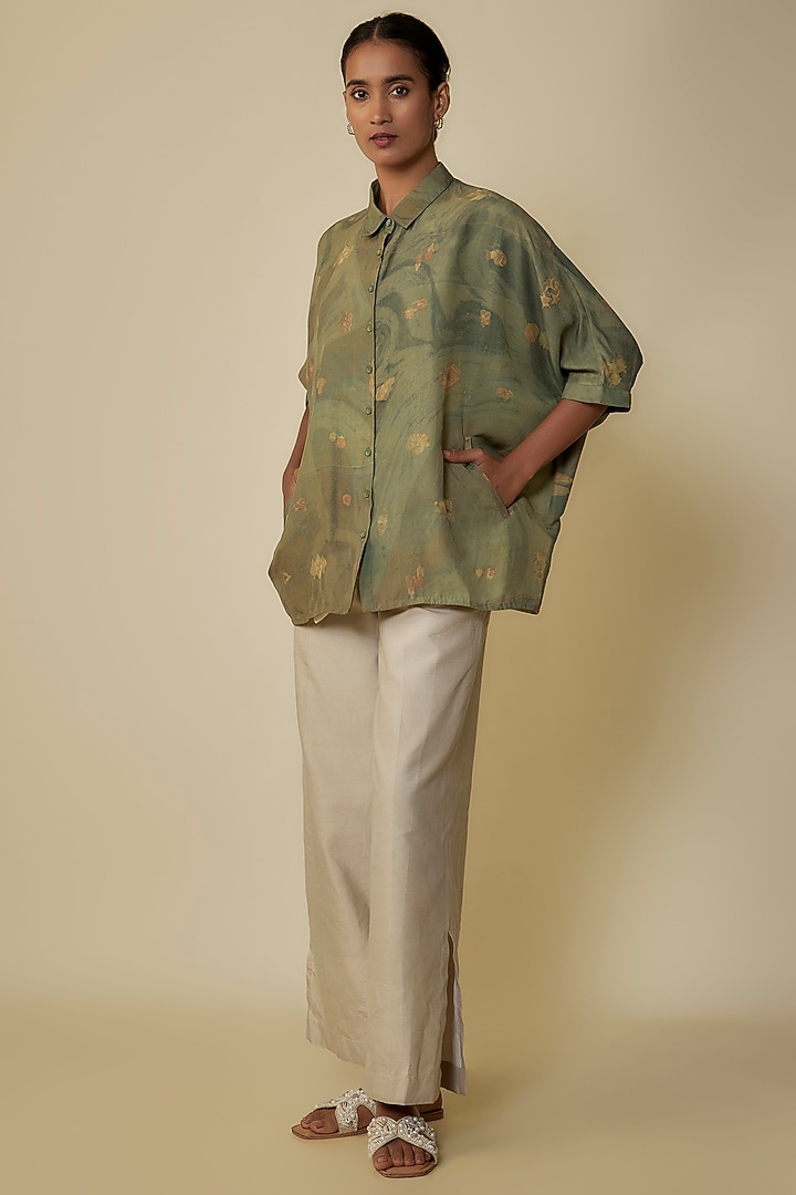 Leaf Green Cotton Silk Blend Screen Printed Shirt by 11.11 / eleven eleven at Pernia's Pop Up Shop