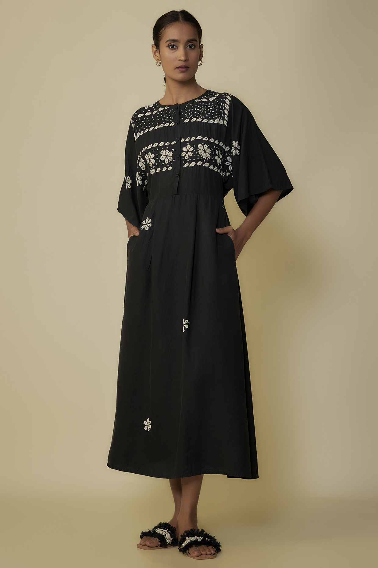 Black Fine Silk Bandhani Artwork Dress by 11.11 / eleven eleven at Pernia's Pop Up Shop