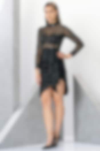 Black Polyester Satin Mirror Hand Embroidered Mini Cocktail Dress by Eli Bitton at Pernia's Pop Up Shop