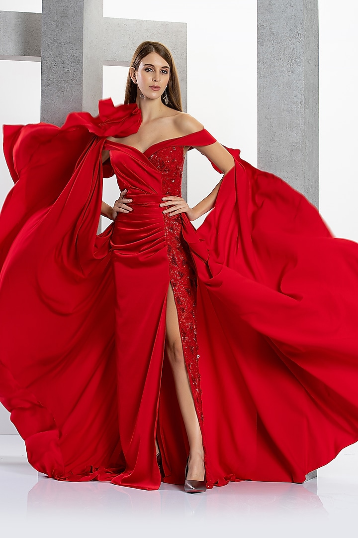 Red Poly Satin & Net Sequins Embroidered Off-Shoulder Flared Gown by Eli Bitton at Pernia's Pop Up Shop