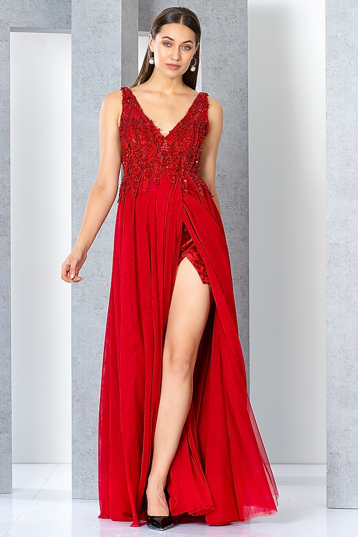 Red Net Sequins Embroidered Flared Gown by Eli Bitton
