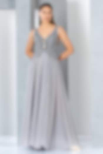 Silver Net Sequins Embroidered Flared Gown by Eli Bitton