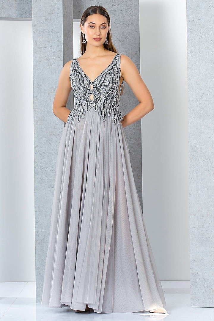 Silver Net Sequins Embroidered Flared Gown by Eli Bitton