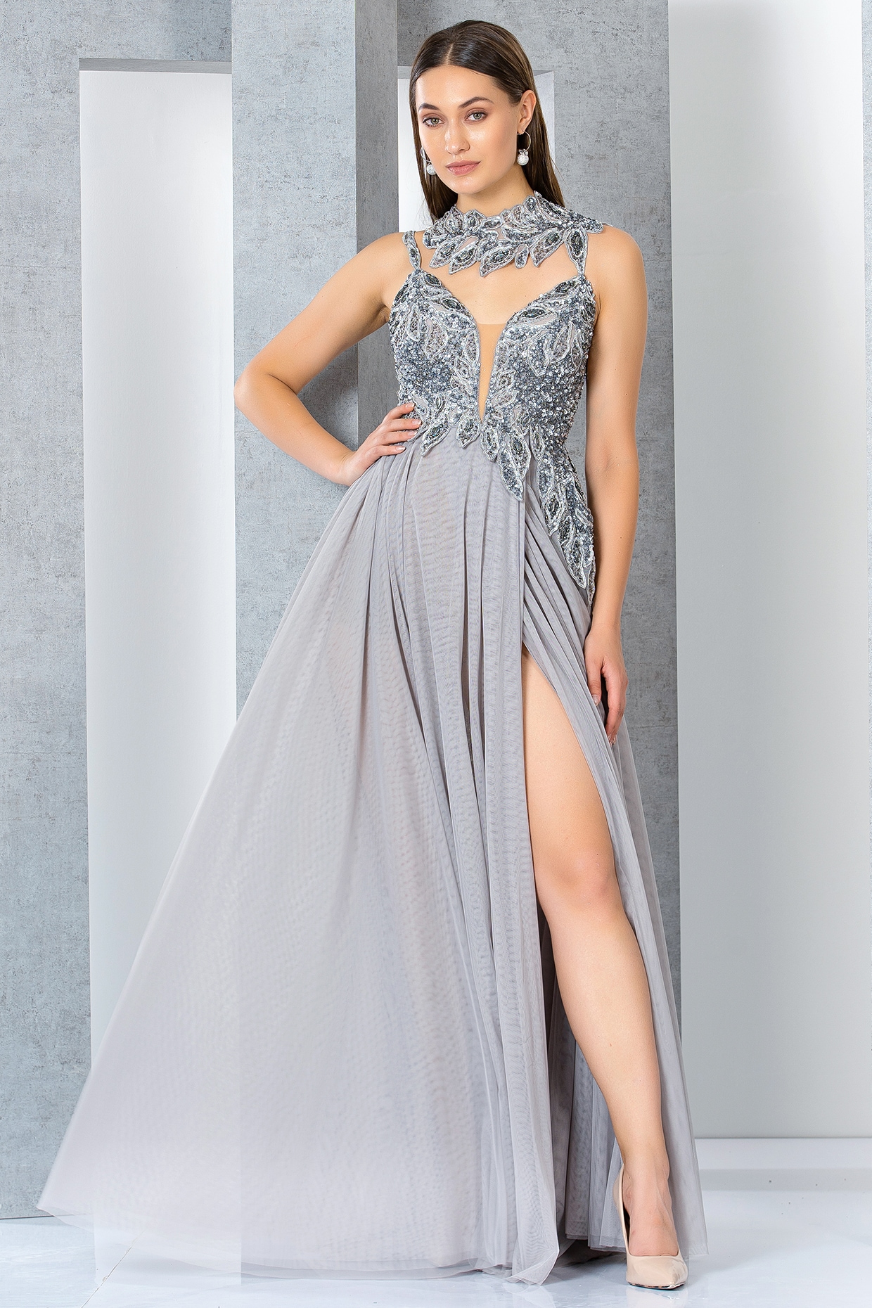 Blue net floor length gown with draped odhani pattern - G3-WGO2118 |  G3fashion.com