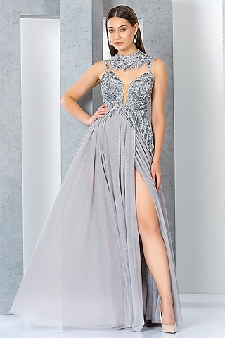 Silver Net Sequins Embroidered Flared Gown by Eli Bitton