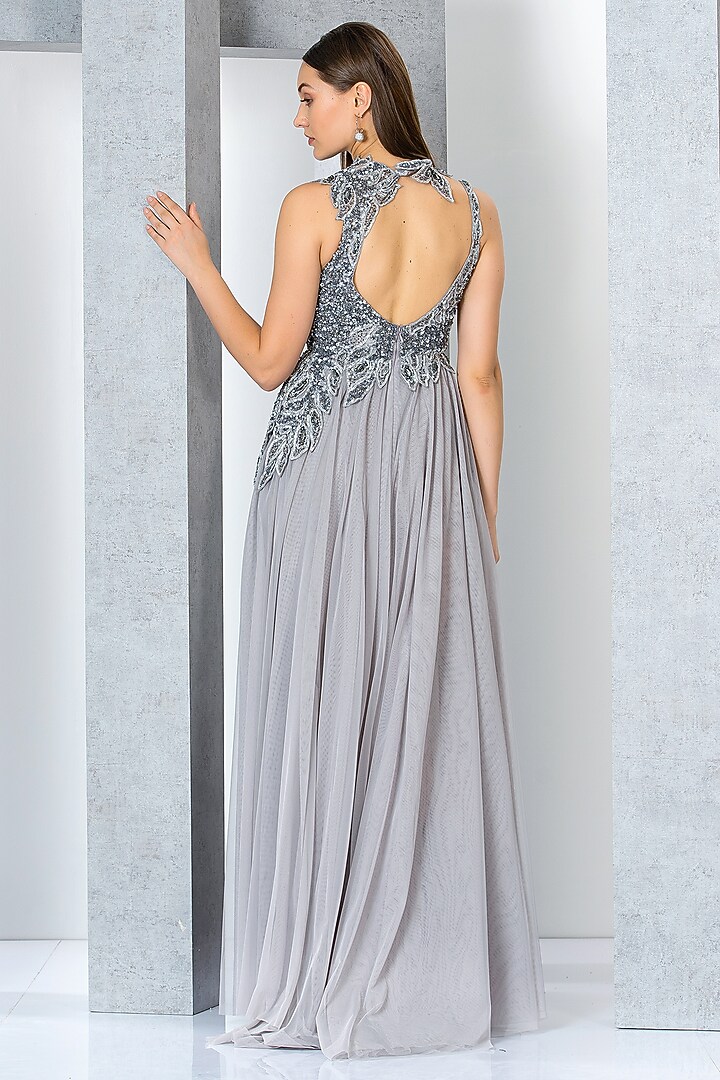 Silver Net Sequins Embroidered Flared Engagement Gown by Eli Bitton at Pernia's Pop Up Shop