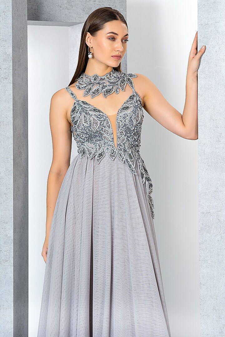 Silver Net Sequins Embroidered Flared Engagement Gown by Eli Bitton at Pernia's Pop Up Shop