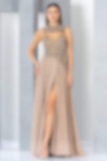 Champagne Net & Tulle Sequins Embroidered Flared Gown by Eli Bitton