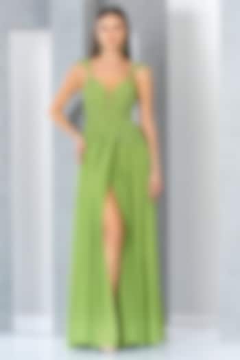 Pistachio Green Net & Tulle Sequins Embroidered Flared Gown by Eli Bitton