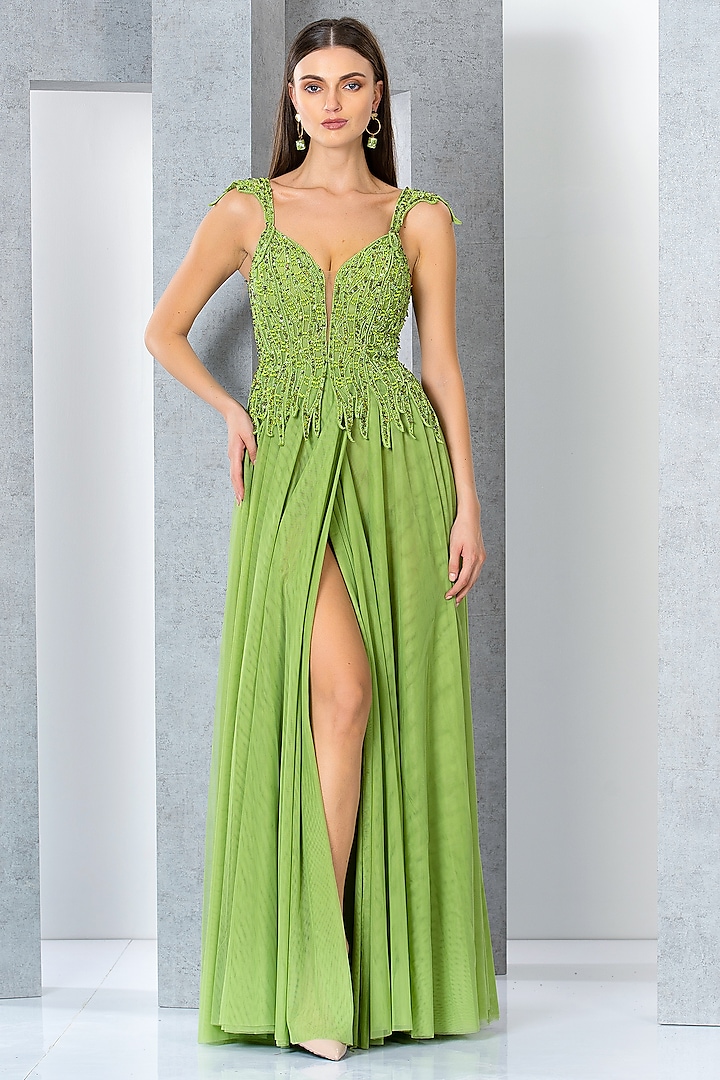Pistachio Green Net & Tulle Sequins Embroidered Flared Gown by Eli Bitton
