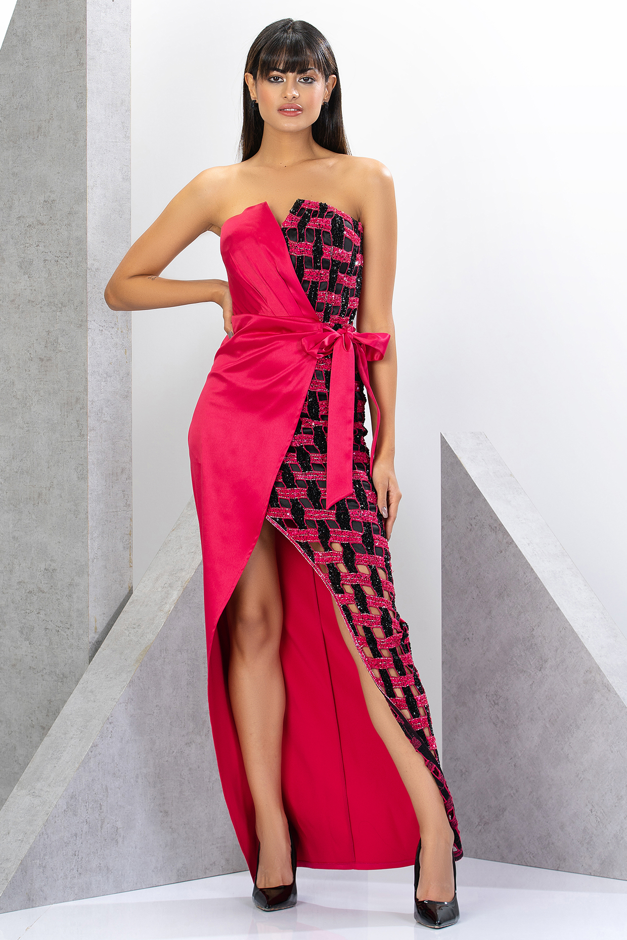 Fuchsia Pink Polyester Net & Poly Satin Embellished Wrap Engagement Gown by Eli Bitton at Pernia's Pop Up Shop