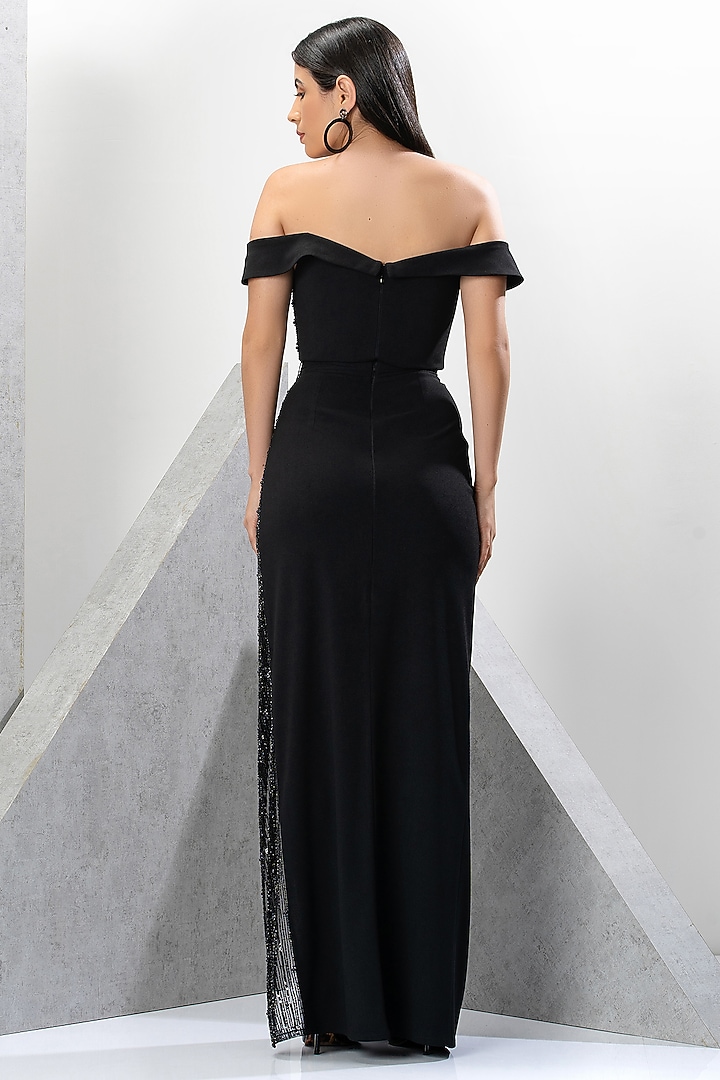 Black Crepe Hand Embroidered Off-Shoulder Engagement Gown by Eli Bitton at Pernia's Pop Up Shop