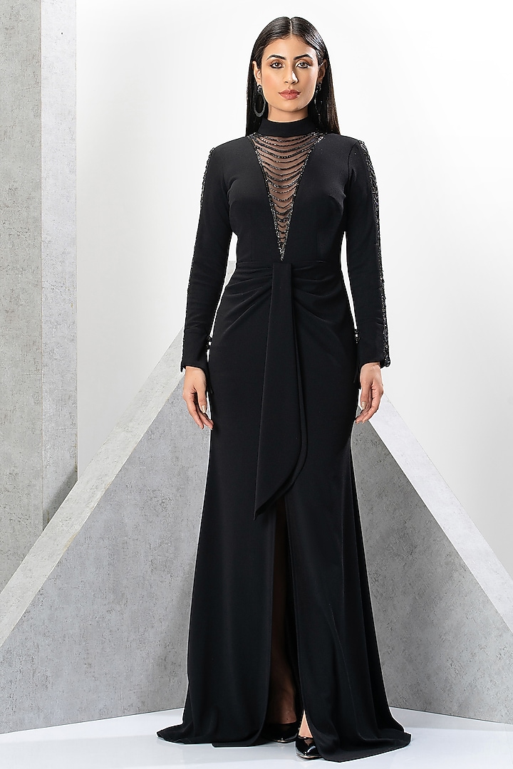 Black Crepe Sequins Fringe Embellished Gown by Eli Bitton