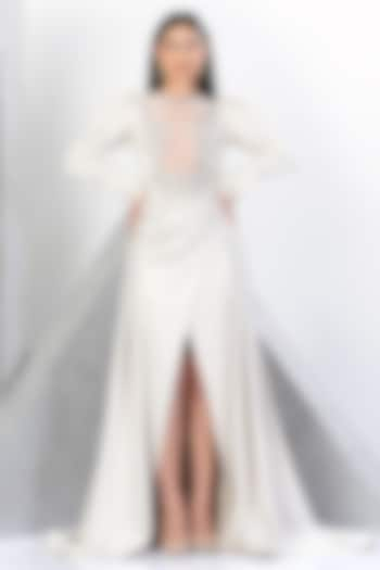 White Net & Poly Satin Crystal Embellished Gown by Eli Bitton at Pernia's Pop Up Shop