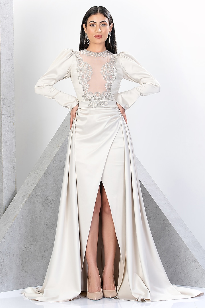 White Net & Poly Satin Crystal Embellished Gown by Eli Bitton at Pernia's Pop Up Shop