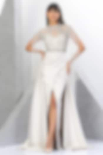 White Net & Satin Embellished Flared Gown by Eli Bitton at Pernia's Pop Up Shop