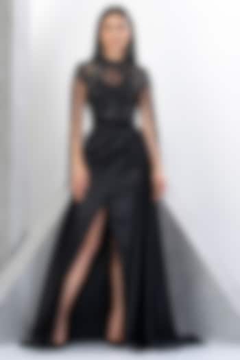 Black Net & Satin Embellished Flared Gown by Eli Bitton