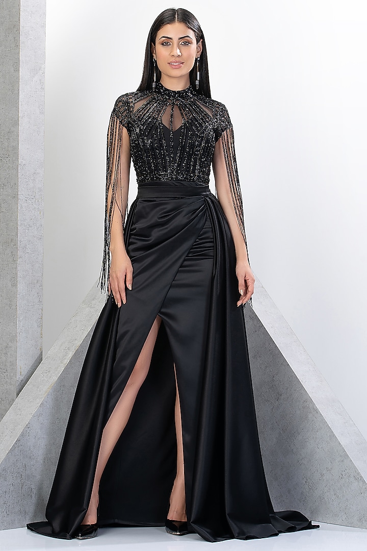 Black Net & Satin Embellished Flared Gown by Eli Bitton