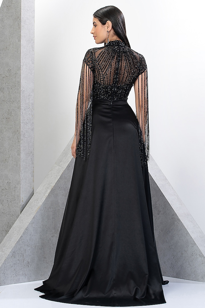 Black Net & Satin Embellished Flared Wedding Gown by Eli Bitton at Pernia's Pop Up Shop