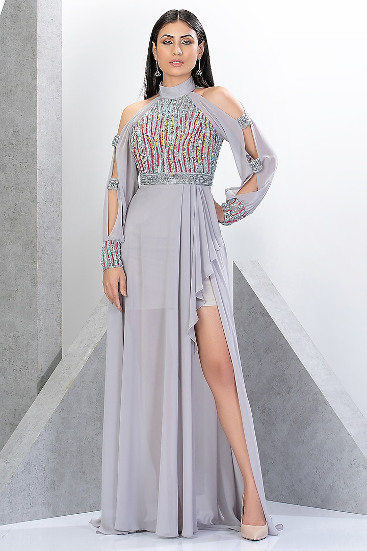 Silver Net & Chiffon Hand Embroidered Gown by Eli Bitton