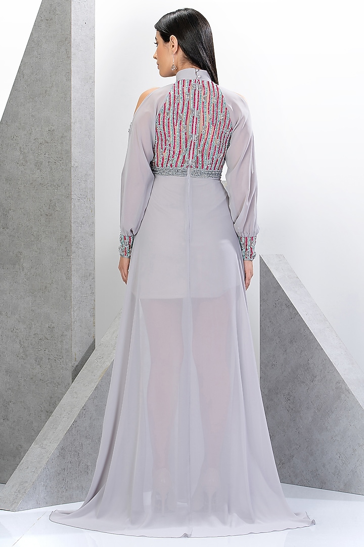 Silver Net & Chiffon Hand Embroidered Engagement Gown by Eli Bitton at Pernia's Pop Up Shop