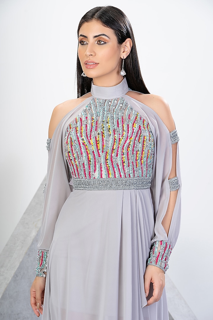 Silver Net & Chiffon Hand Embroidered Engagement Gown by Eli Bitton at Pernia's Pop Up Shop
