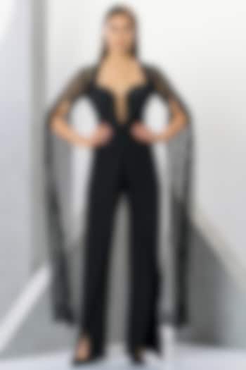 Black Rayon Cutdana & Sequins Hand Embroidered Jumpsuit by Eli Bitton