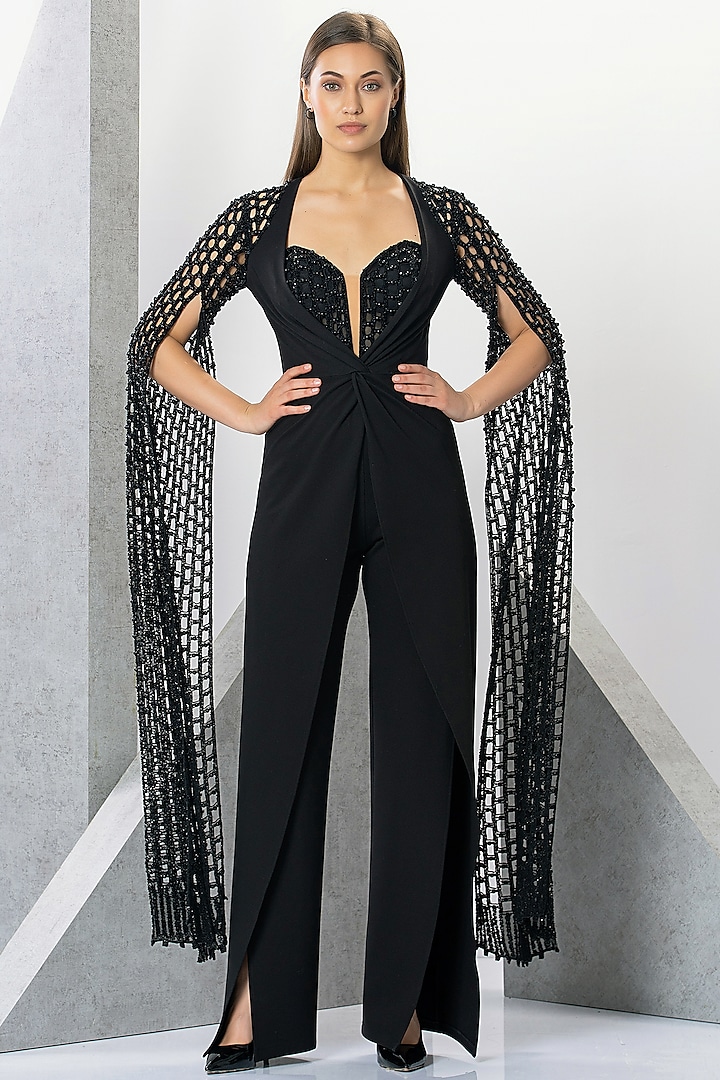 Black Rayon Cutdana & Sequins Hand Embroidered Jumpsuit by Eli Bitton