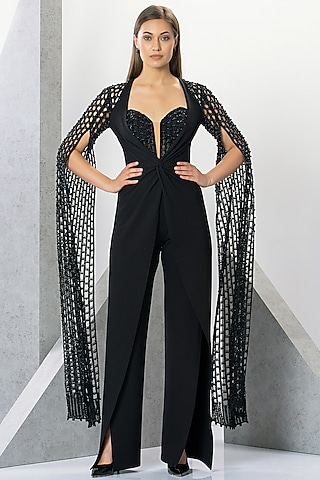 Black Rayon Cutdana & Sequins Hand Embroidered Jumpsuit by Eli Bitton