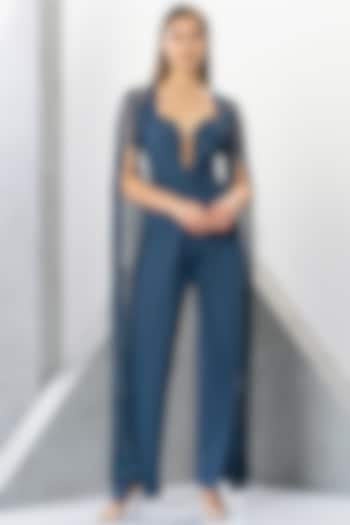 Blue Rayon Cutdana & Sequins Hand Embroidered Jumpsuit by Eli Bitton at Pernia's Pop Up Shop