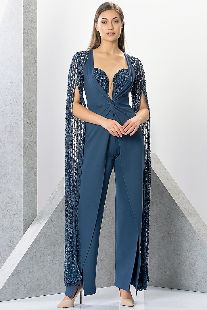 Blue Rayon Cutdana & Sequins Hand Embroidered Jumpsuit by Eli Bitton at Pernia's Pop Up Shop