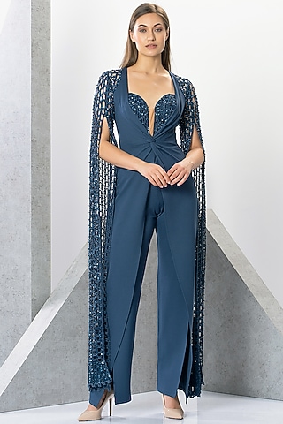 Blue Rayon Cutdana & Sequins Hand Embroidered Jumpsuit by Eli Bitton