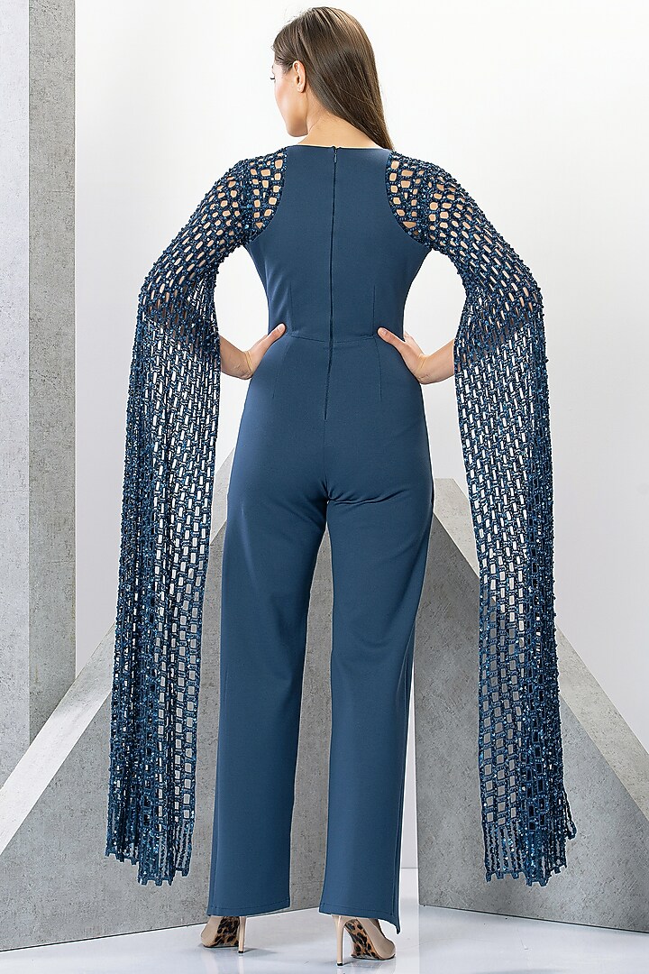Blue Rayon Cutdana & Sequins Hand Embroidered Jumpsuit by Eli Bitton at Pernia's Pop Up Shop