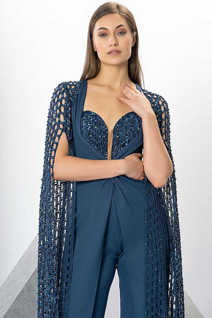 Blue Rayon Cutdana & Sequins Hand Embroidered Jumpsuit by Eli Bitton at Pernia's Pop Up Shop