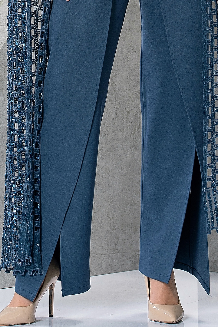 Blue Rayon Cutdana & Sequins Hand Embroidered Jumpsuit by Eli Bitton at Pernia's Pop Up Shop