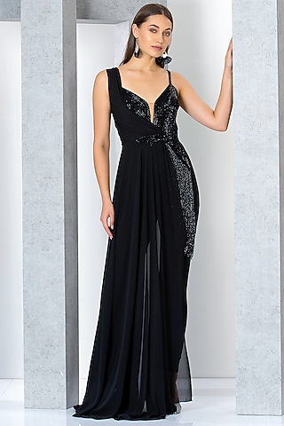 Black Rayon Cutdana & Sequins Hand Embroidered Jumpsuit by Eli Bitton