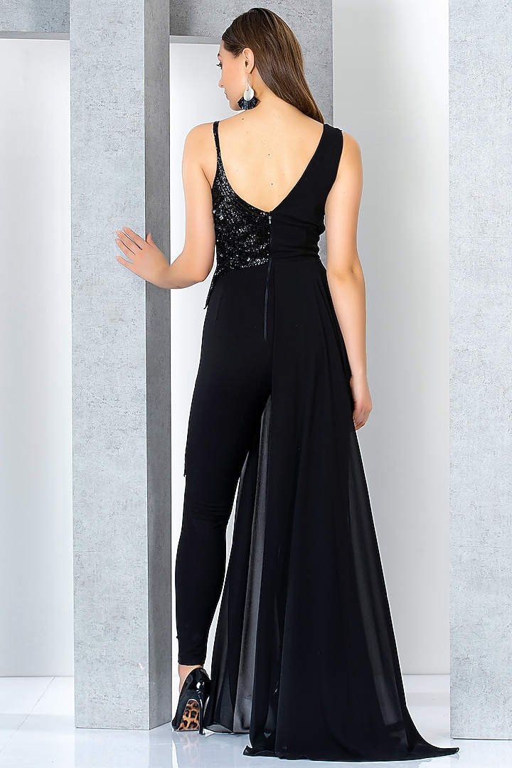 Black Rayon Cutdana & Sequins Hand Embroidered Jumpsuit by Eli Bitton at Pernia's Pop Up Shop
