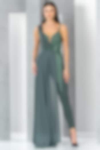 Green Rayon Cutdana & Sequins Hand Embroidered Jumpsuit by Eli Bitton at Pernia's Pop Up Shop