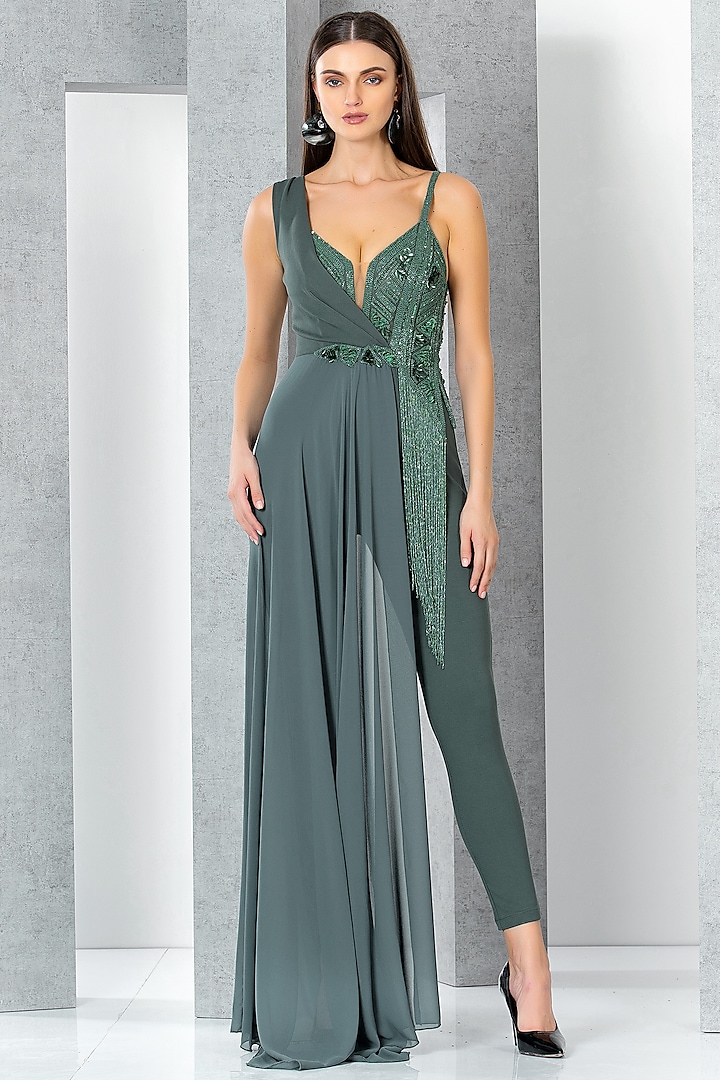 Green Rayon Cutdana & Sequins Hand Embroidered Jumpsuit by Eli Bitton at Pernia's Pop Up Shop