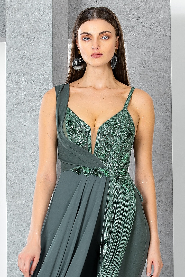 Green Rayon Cutdana & Sequins Hand Embroidered Jumpsuit by Eli Bitton at Pernia's Pop Up Shop
