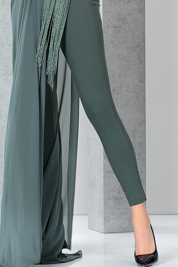Green Rayon Cutdana & Sequins Hand Embroidered Jumpsuit by Eli Bitton at Pernia's Pop Up Shop