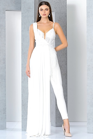 White Rayon Cutdana & Sequins Hand Embroidered Jumpsuit by Eli Bitton
