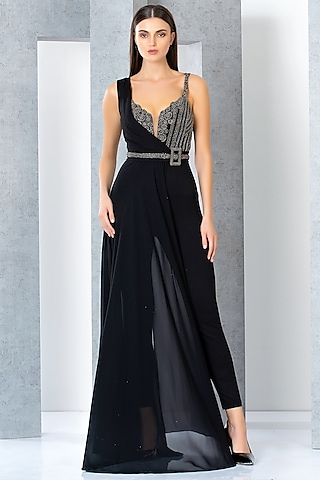 Black Rayon Cutdana & Sequins Hand Embroidered Jumpsuit by Eli Bitton