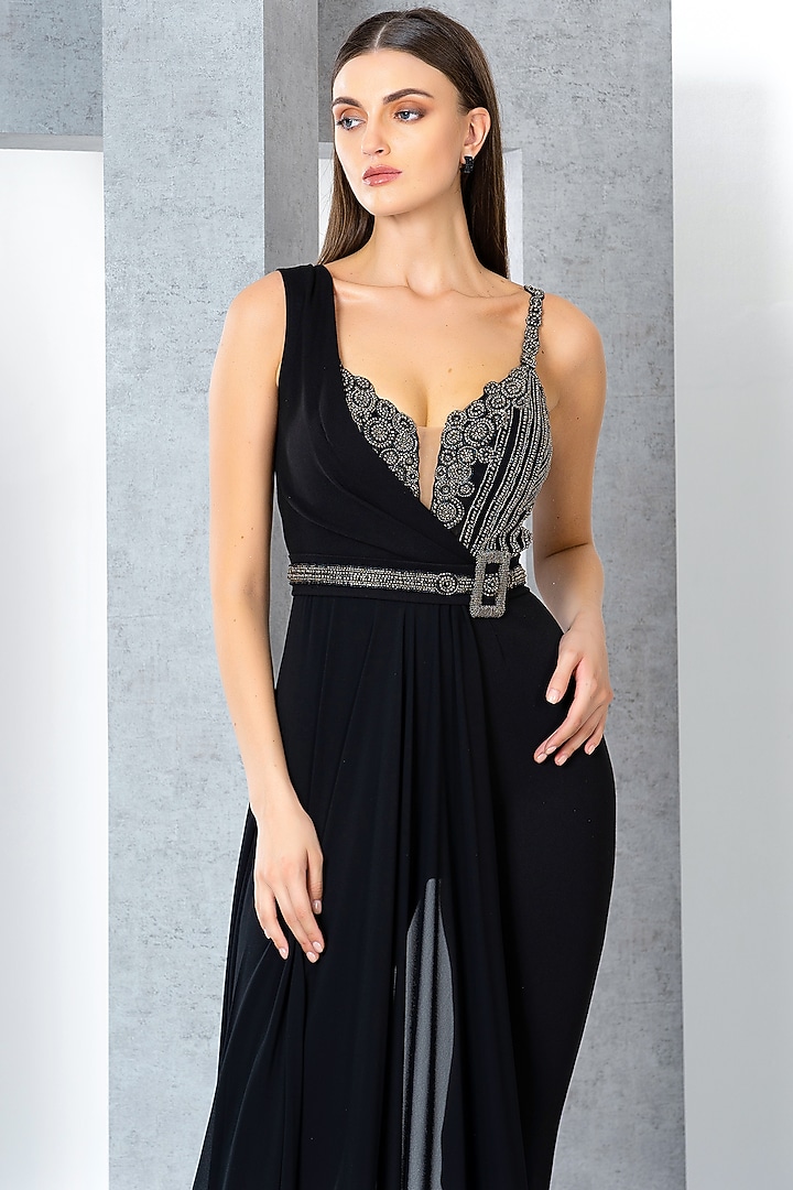 Black Rayon Cutdana & Sequins Hand Embroidered Jumpsuit by Eli Bitton at Pernia's Pop Up Shop