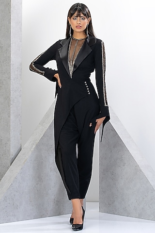 Black Polyester & Spandex Hand Embroidered Jumpsuit by Eli Bitton