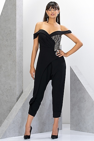 Black French Crepe Hand Embroidered Jumpsuit by Eli Bitton