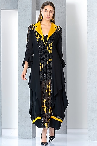 Black & Mustard Chiffon Embroidered Kaftan Dress With Inner by Eli Bitton
