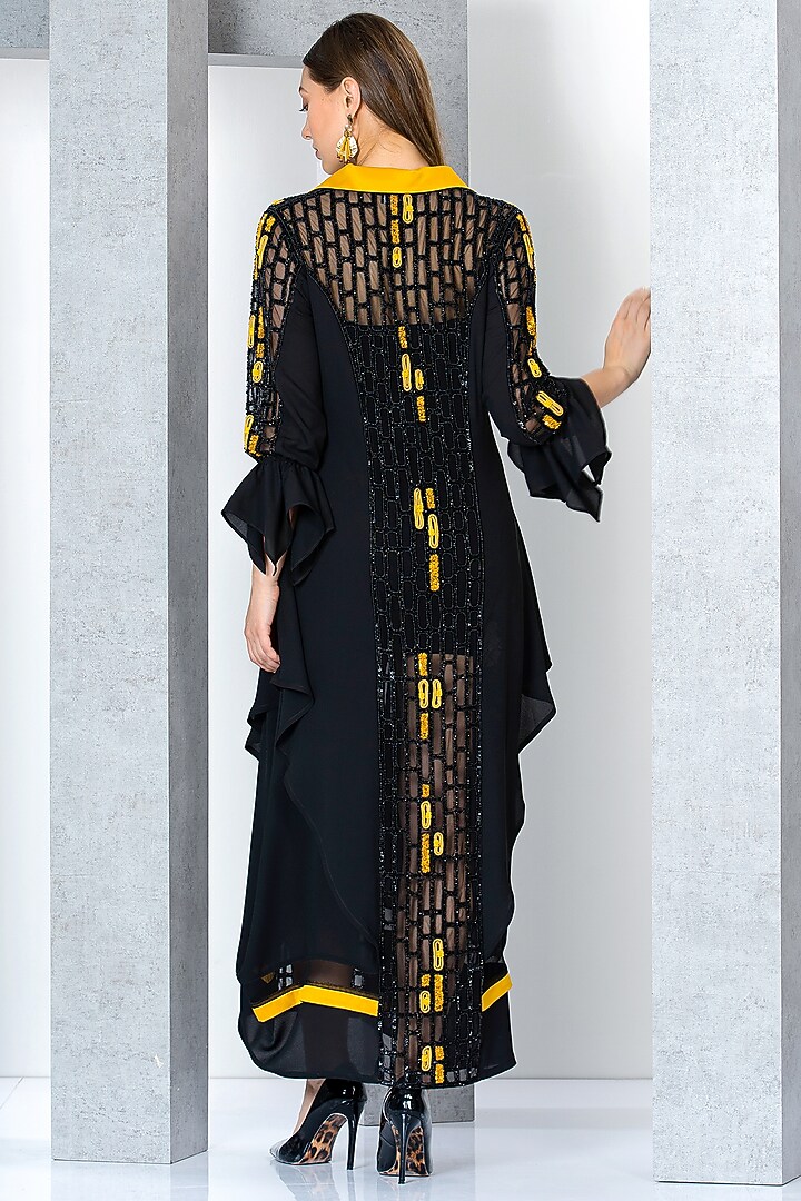 Black & Mustard Chiffon Embroidered Kaftan Cocktail Dress With Inner by Eli Bitton at Pernia's Pop Up Shop