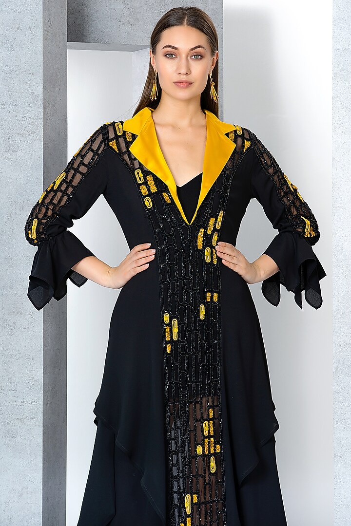 Black & Mustard Chiffon Embroidered Kaftan Cocktail Dress With Inner by Eli Bitton at Pernia's Pop Up Shop